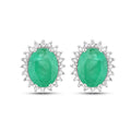 2.40 Ct Oval Green Zambian Emerald & Diamond Prong 10K Gold Halo Stud Earrings by Fine Color Jewels