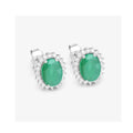 2.40 Ct Oval Green Zambian Emerald & Diamond Prong 10K Gold Halo Stud Earrings by Fine Color Jewels