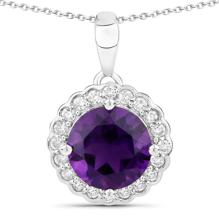2.40 Ct Round Purple Amethyst & Lab Diamond Prong Silver Halo Floral Pendant Necklace by Fine Color Jewels