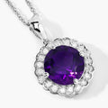 2.40 Ct Round Purple Amethyst & Lab Diamond Prong Silver Halo Floral Pendant Necklace by Fine Color Jewels