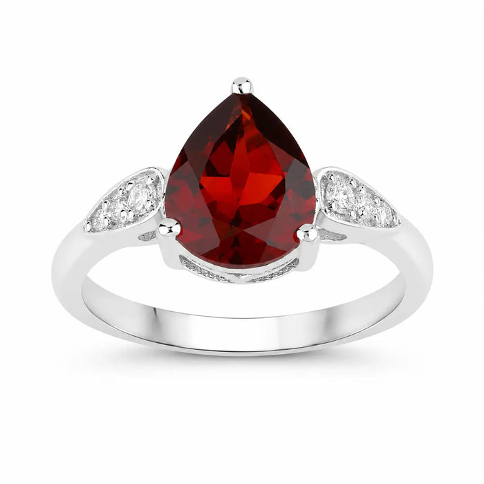 2.45 Ct Pear Red Mozambique Garnet & Lab Diamond Prong Silver Cocktail Ring by Fine Color Jewels