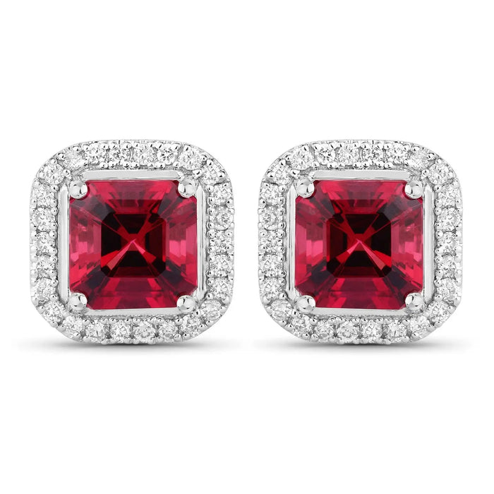 2.48 Ct Octagon Red Rubellite & Lab Diamond Prong 14K Gold Stud Earrings by Fine Color Jewels