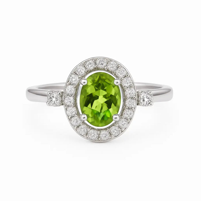 2.48 Ct Oval Green Peridot and White Topaz Prong Silver halo Engagement Ring by Fine Color Jewels