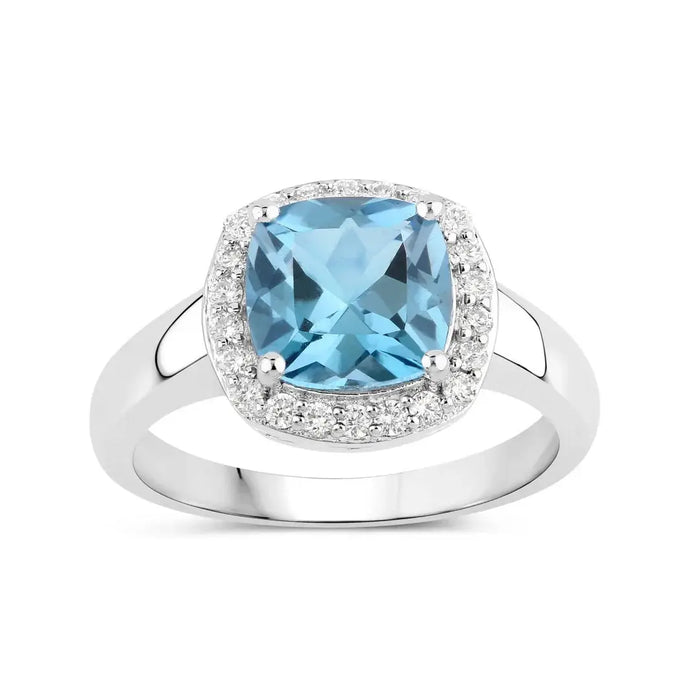 2.50 Ct Cushion London Blue Topaz and Lab Diamond Prong Silver Halo Ring by Fine Color Jewels