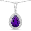 2.50 Ct Pear Purple Amethyst and Lab Diamond prong Silver Halo teardrop pendant Necklace