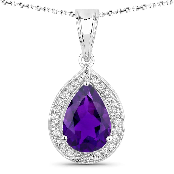 2.50 Ct Pear Purple Amethyst and Lab Diamond prong Silver Halo teardrop pendant Necklace by Fine Color Jewels