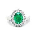 2.51 Ct Oval Green Zambian Emerald and White Diamond Prong 14k Gold Floral Halo Ring by Fine Color Jewels