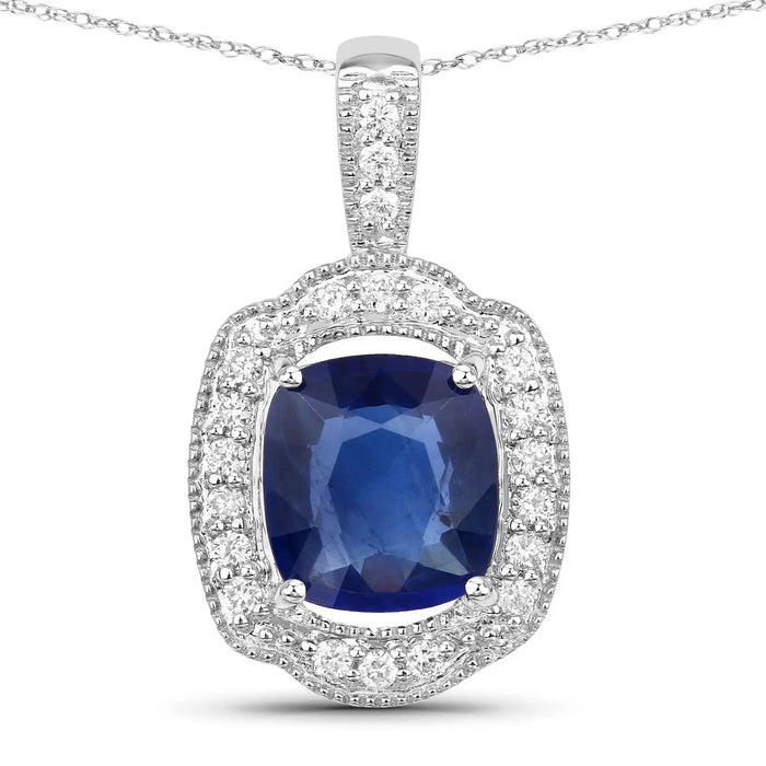 2.53 Ct Genuine Cushion Ceylon Blue Sapphire and Diamond 18K White Gold Halo Pendant by Fine Color Jewels