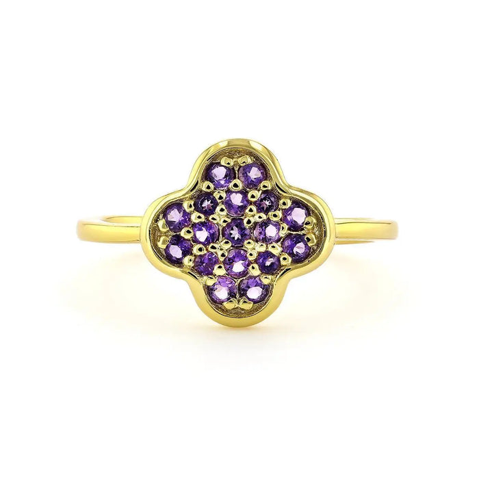 2.54 Ct Round Dark Purple Amethyst Prong Yellow Gold Plated Silver Four Leaf Clover Ring by Fine Color Jewels
