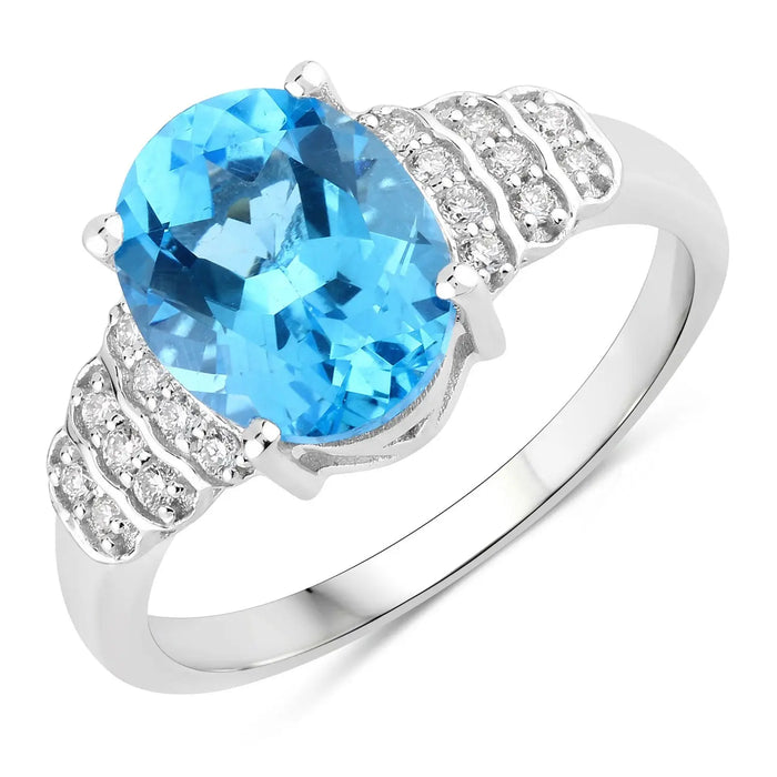 2.55 Ct Oval Swiss Blue Topaz & Lab Diamond Prong Silver Bridge Ring by Fine Color Jewels