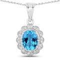 2.55 Ct Oval Swiss Blue Topaz & Lab Diamond Prong Silver Halo Floral Pendant Necklace by Fine Color Jewels