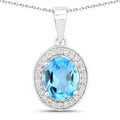 2.55 Ct Oval Swiss Blue Topaz Lab Diamond Prong Silver Halo Pendant Necklace by Fine Color Jewels