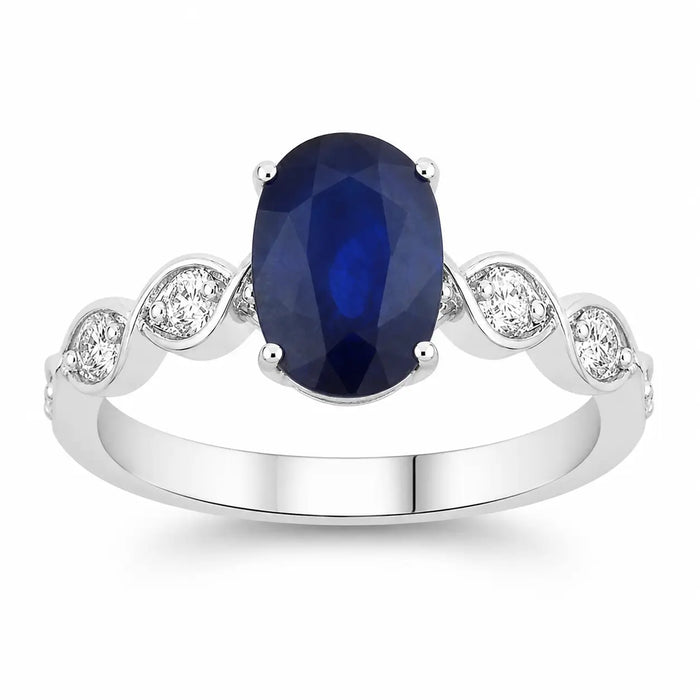 2.57 Ct Oval Ceylon Blue Sapphire and White Diamond Prong 18K White Gold Crossover Wedding Ring by Fine Color Jewels
