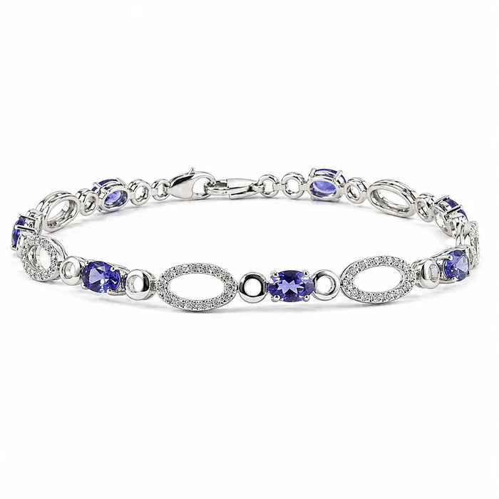 2.59 Ct Oval Blue Iolite Prong Silver Alternating Open Geometric Links with Lobster Clasp Link Bracelet by Fine Color Jewels