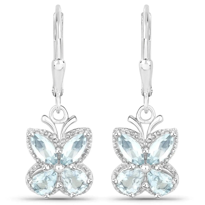 2.60 Ct Blue Aquamarine Prong Silver Butterfly Leverback Earrings by Fine Color Jewels