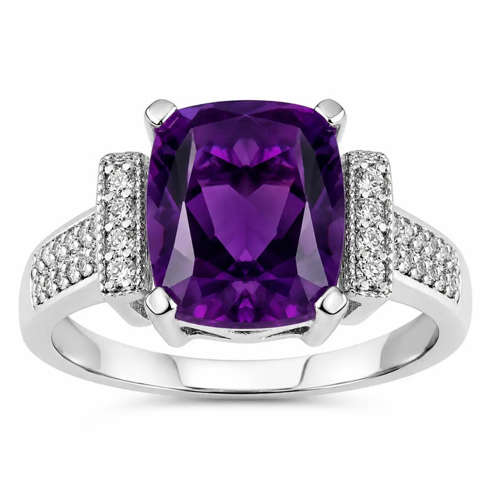 2.60 Ct Cushion Purple Amethyst and Lab Diamond Prong Silver Statement Ring by Fine Color Jewels