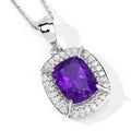 2.60 Ct Cushion Purple Amethyst & Lab Diamond Prong Silver Halo Pendant Necklace by Fine Color Jewels