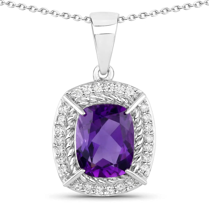 2.60 Ct Cushion Purple Amethyst & Lab Diamond Prong Silver Halo Pendant Necklace by Fine Color Jewels