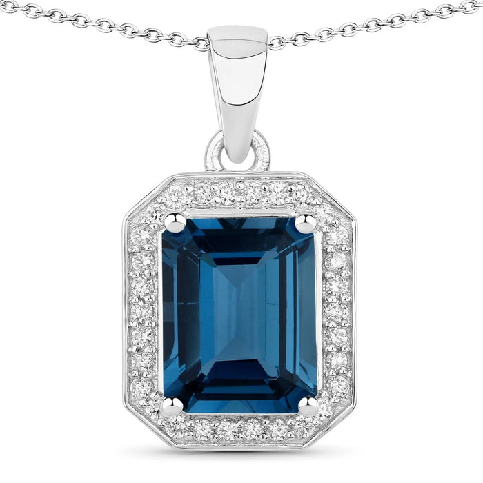 2.60 Ct Octagon London Blue Topaz & Lab Diamond Prong Silver Halo Pendant Necklace by Fine Color Jewels