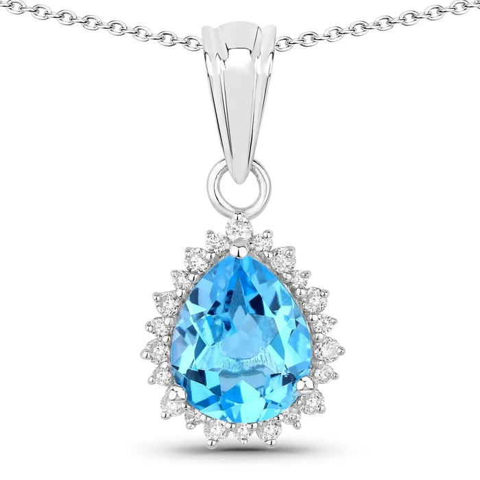 2.60 Ct Pear Swiss Blue Topaz & Lab Diamond Prong Silver Halo Teardrop Pendant Necklace by Fine Color Jewels