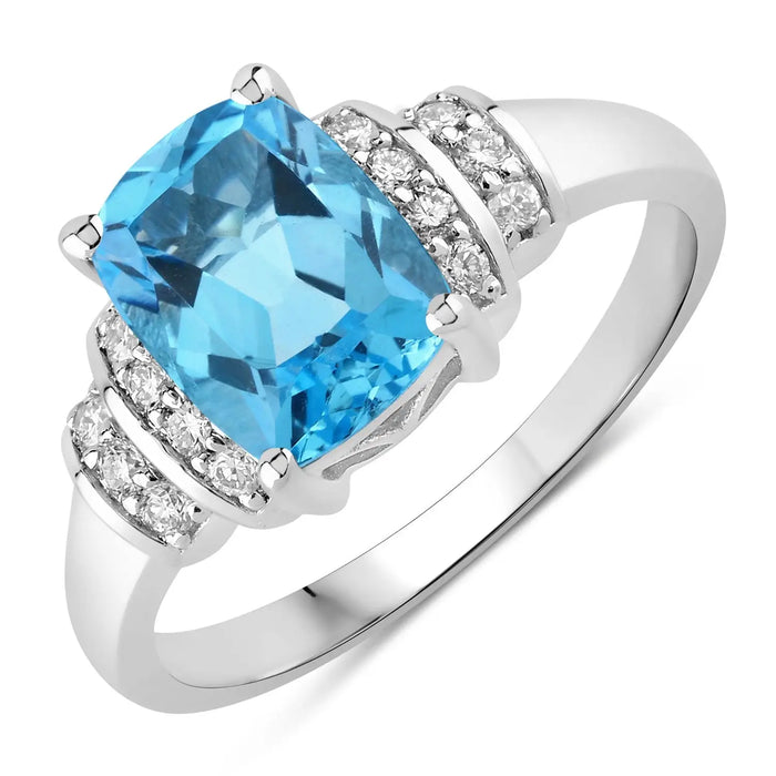 2.65 Ct Cushion Swiss Blue Topaz and Lab Diamond Prong Silver Bridge Ring by Fine Color Jewels
