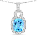 2.65 Ct cushion Swiss Blue Topaz and Lab Diamond prong Silver Slide Pendant Necklace by Fine Color Jewels