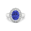 2.69 Ct Oval Violet Tanzanite and White Diamond Prong 14k Gold Halo Statement Floral Ring by Fine Color Jewels