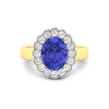 2.69 Ct Oval Violet Tanzanite and White Diamond Prong 14k Gold Halo Statement Floral Ring by Fine Color Jewels