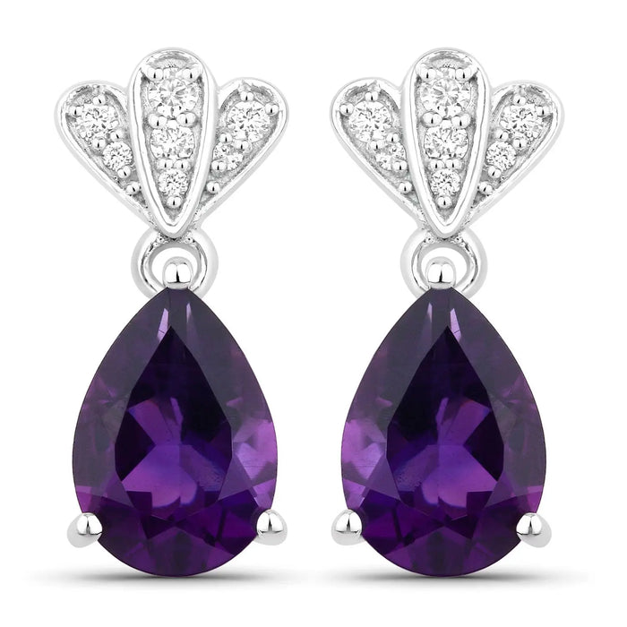 2.70 Ct Pear Purple Amethyst & Lab Diamond Prong Silver Teardrop Dangle Earrings by Fine Color Jewels
