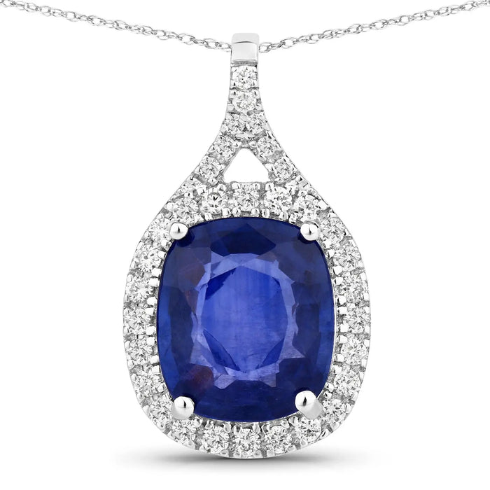 2.73 Ct Genuine Cushion Ceylon Blue Sapphire and Diamond 18K White Gold Halo Pendant by Fine Color Jewels