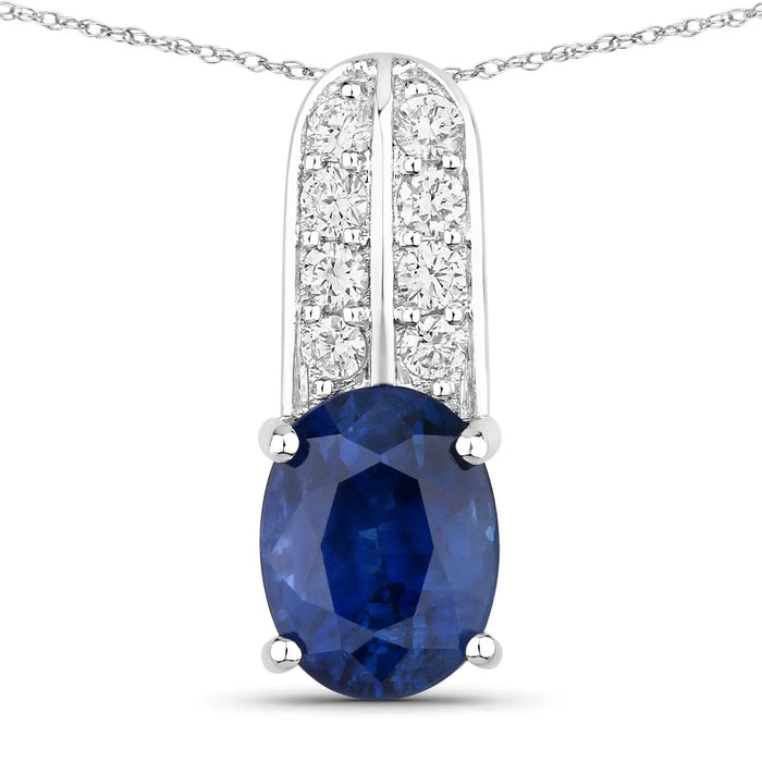 2.74 Ct Genuine Oval Ceylon Blue Sapphire and Diamond 18K White Gold Slide Pendant by Fine Color Jewels