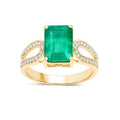 2.80 Ct Octagon Green Zambian Emerald and White Diamond Prong 14k Gold Split Shank Pave Bridge Ring by Fine Color Jewels