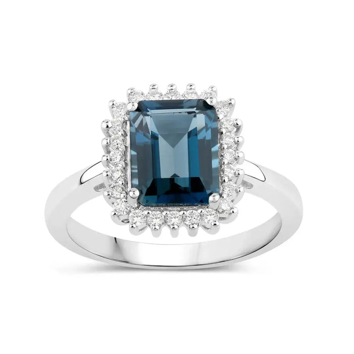 2.80 Ct Octagon London Blue Topaz and Lab Diamond Prong Silver Halo Ring by Fine Color Jewels