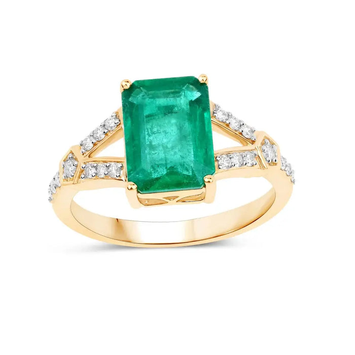 2.84 Ct Octagon Green Zambian Emerald and White Diamond Prong 14k Gold Statement Pave Bridge Ring by Fine Color Jewels