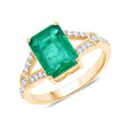 2.84 Ct Octagon Green Zambian Emerald and White Diamond Prong 14k Gold Statement Pave Bridge Ring by Fine Color Jewels