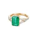 2.84 Ct Octagon Green Zambian Emerald and White Diamond Prong 14k Gold Statement Pave Bridge Ring by Fine Color Jewels