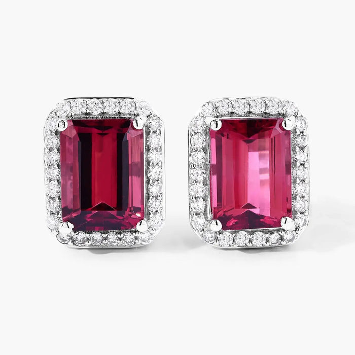 2.84 Ct Octagon Red Rubellite & Lab Diamond Prong 14K Gold Stud Earrings by Fine Color Jewels