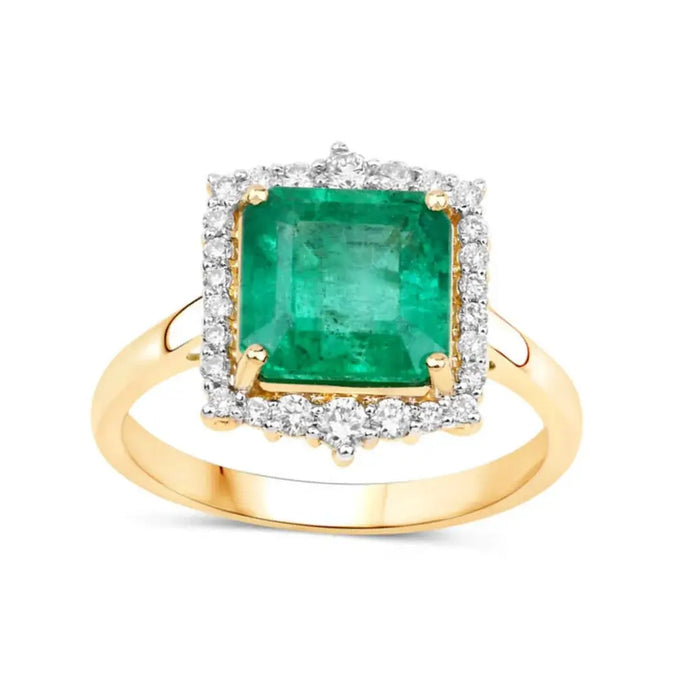 2.92 Ct Octagon Green Zambian Emerald and White Diamond Prong 14k Gold Halo Bridge Ring by Fine Color Jewels