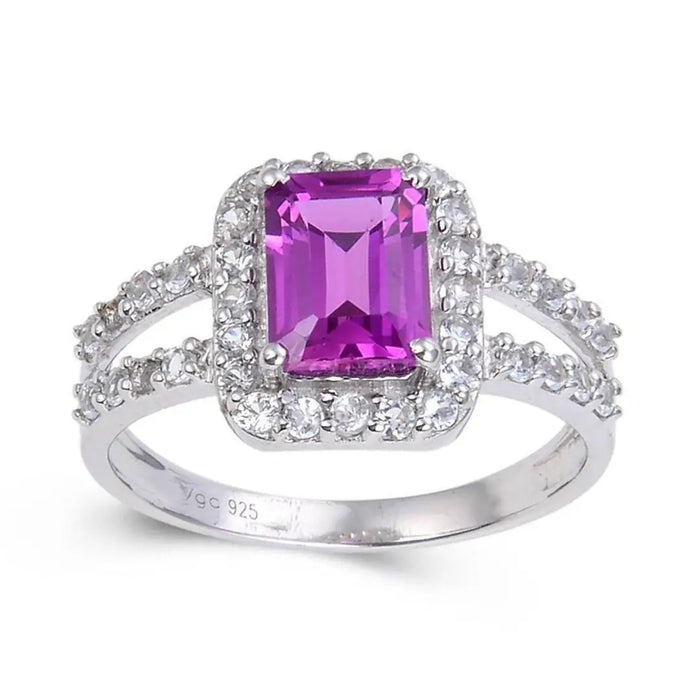 2.96 Ct Octagon Created Purple Sapphire and White Topaz Prong Silver Split Band Ring by Fine Color Jewels