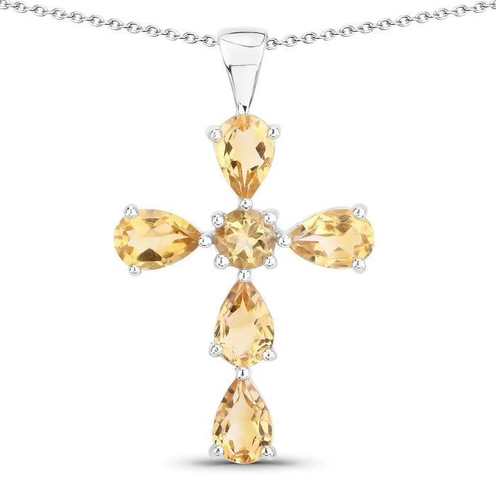 2.97 CTTW Yellow Citrine Prong Silver Cross Pendant Necklace by Fine Color Jewels