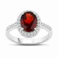 2 Ct Oval Red Mozambique Garnet and Lab Diamond Prong Silver Halo Pave Ring by Fine Color Jewels