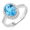 2 Ct Oval Swiss Blue Topaz and Lab Diamond Prong Silver Halo Pave Ring