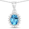 2 Ct Oval Swiss Blue Topaz & Lab Diamond Prong Silver Halo Pendant Necklace