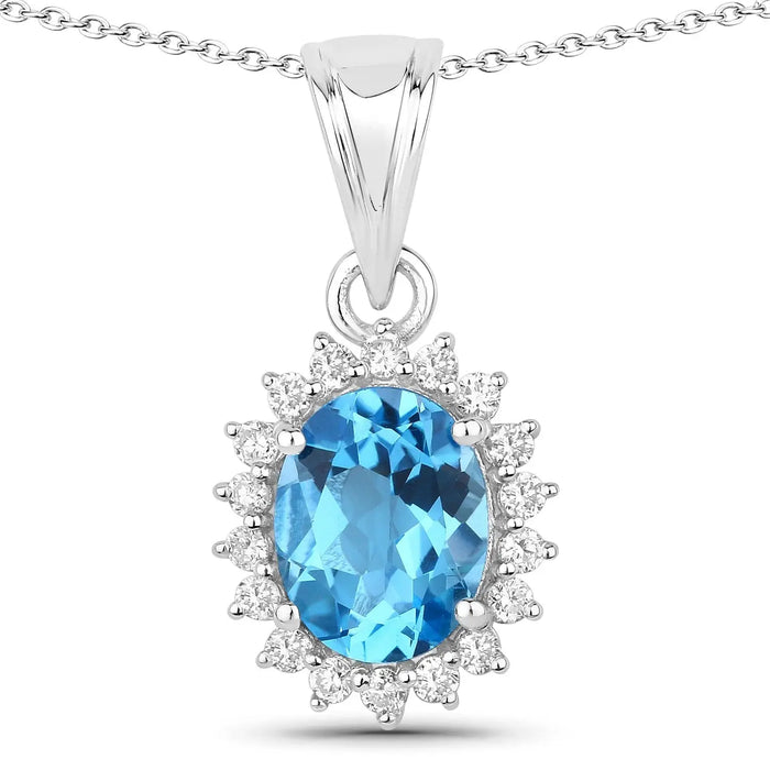 2 Ct Oval Swiss Blue Topaz & Lab Diamond Prong Silver Halo Pendant Necklace by Fine Color Jewels