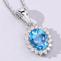 2 Ct Oval Swiss Blue Topaz & Lab Diamond Prong Silver Halo Pendant Necklace by Fine Color Jewels