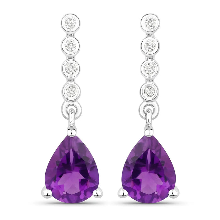 2 Ct Pear Purple Amethyst & Lab Diamond Prong Silver Teardrop Dangle Earrings by Fine Color Jewels
