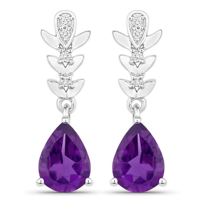 2 Ct Pear Purple Amethyst & Lab Diamond Prong Silver Teardrop Dangle Earrings by Fine Color Jewels