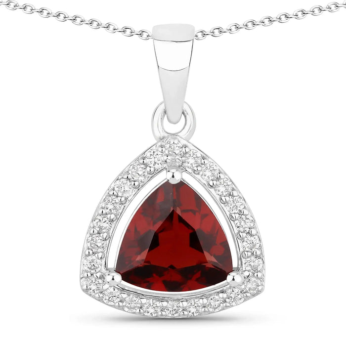 2 Ct Trillion Red Garnet and Lab Diamond Prong Silver Halo Pendant Necklace by Fine Color Jewels