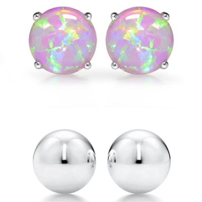 2-Pairs: Pink Opal Stud and Sterling Silver Ball Stud Set by DailySale