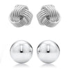 2-Pairs: Sterling Silver Love Knot and Ball Stud Earring Set